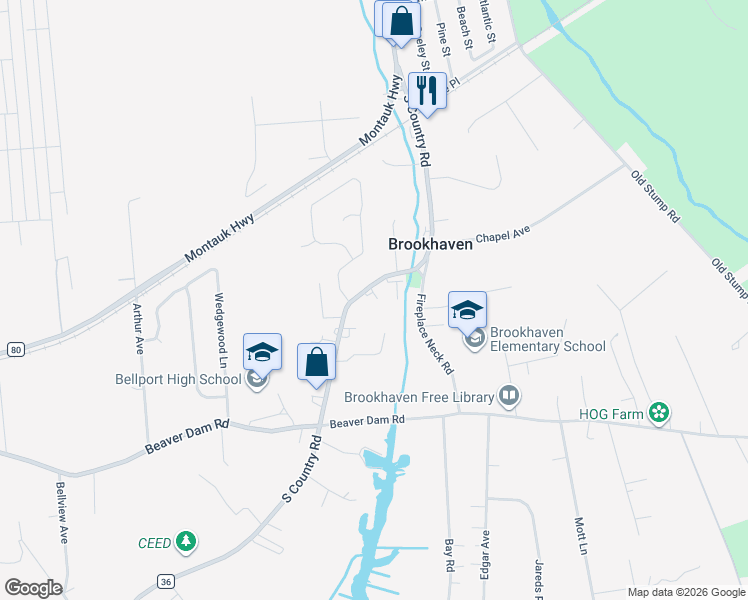 map of restaurants, bars, coffee shops, grocery stores, and more near 366 South Country Road in Brookhaven