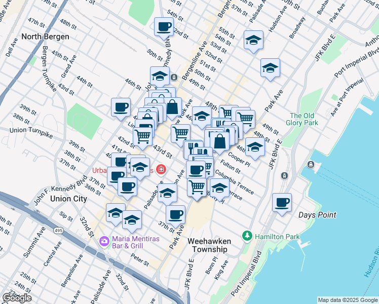 map of restaurants, bars, coffee shops, grocery stores, and more near 4408 Hudson Avenue in Union City