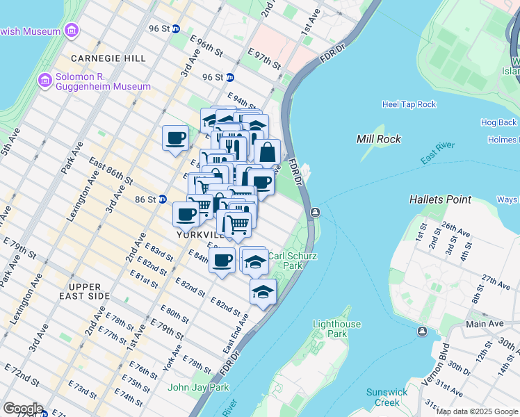 map of restaurants, bars, coffee shops, grocery stores, and more near 1682 York Avenue in New York
