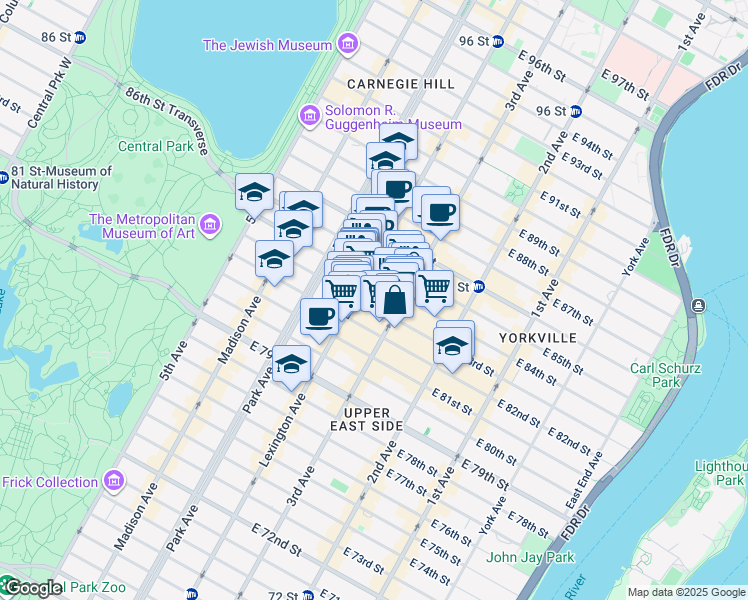 map of restaurants, bars, coffee shops, grocery stores, and more near 1470 3rd Avenue in New York