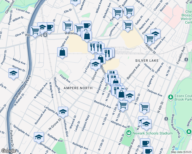 map of restaurants, bars, coffee shops, grocery stores, and more near 141 Grove Street in Bloomfield