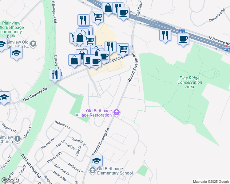 map of restaurants, bars, coffee shops, grocery stores, and more near 56101 Red Cedar Road in Plainview