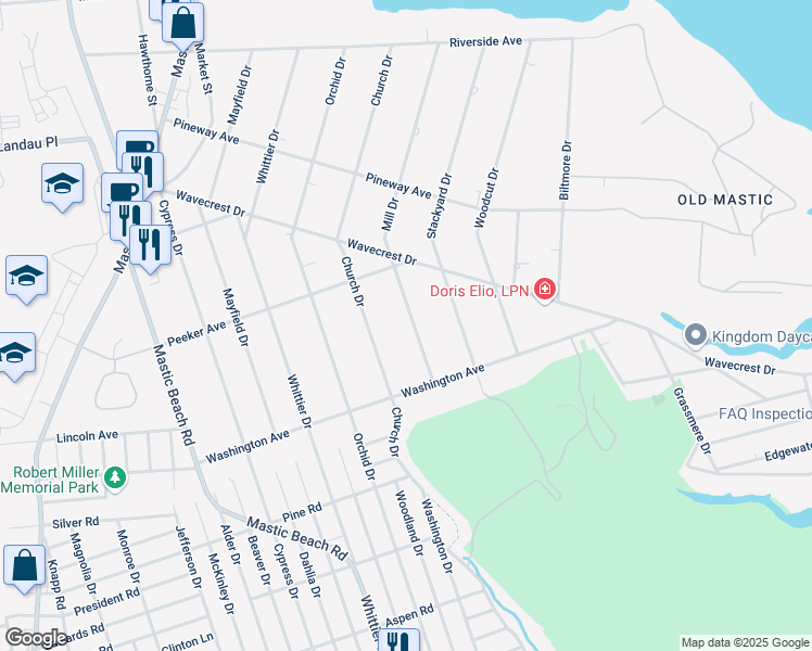 map of restaurants, bars, coffee shops, grocery stores, and more near 28 Mill Drive in Mastic Beach