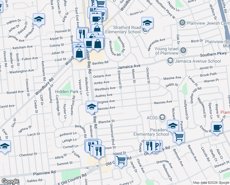 map of restaurants, bars, coffee shops, grocery stores, and more near 38 Audrey Avenue in Plainview