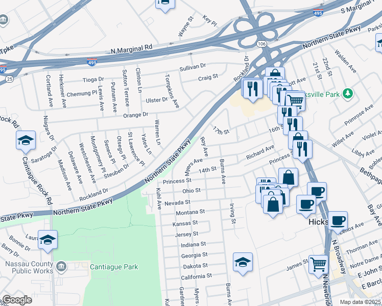 map of restaurants, bars, coffee shops, grocery stores, and more near 172 Gardner Avenue in Hicksville