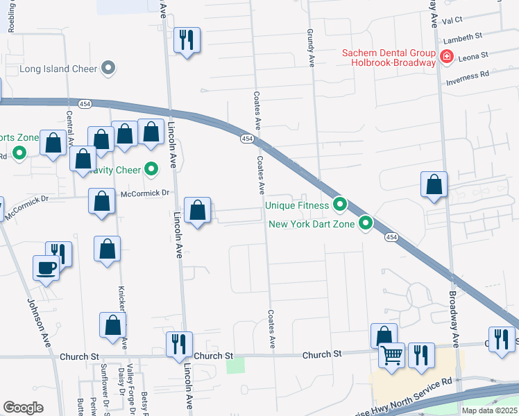 map of restaurants, bars, coffee shops, grocery stores, and more near 39 Lincoln Avenue in Holbrook