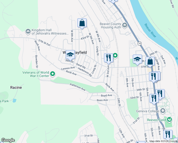map of restaurants, bars, coffee shops, grocery stores, and more near 508 Harbinson Road in Beaver Falls
