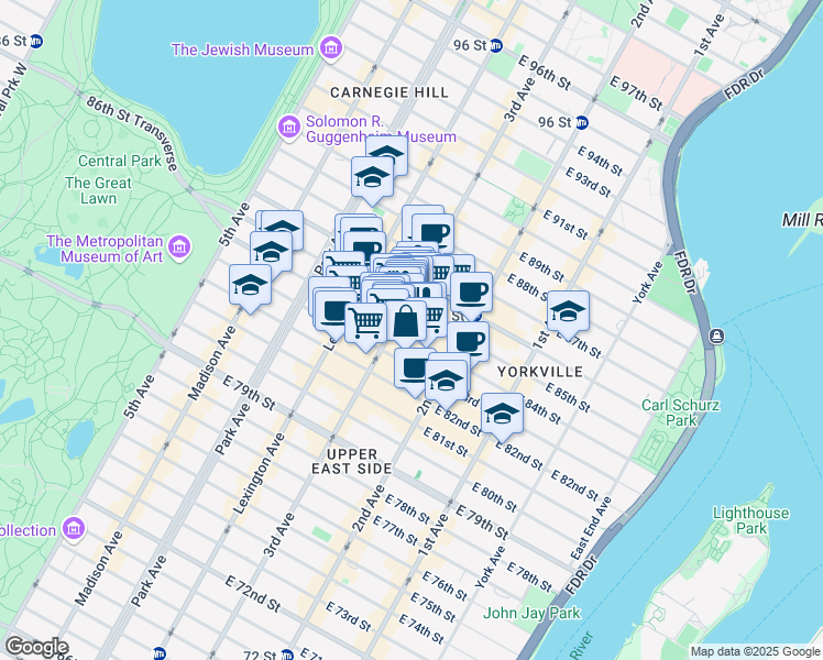 map of restaurants, bars, coffee shops, grocery stores, and more near 213 East 84th Street in New York