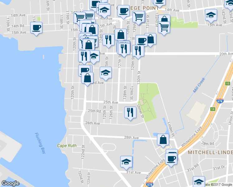 map of restaurants, bars, coffee shops, grocery stores, and more near 23-40 127th Street in Queens