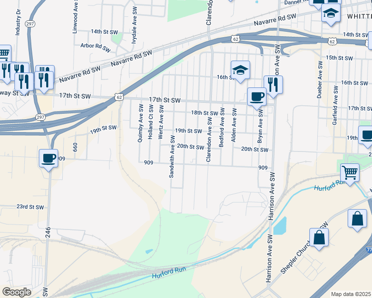 map of restaurants, bars, coffee shops, grocery stores, and more near 2736 20th Street Southwest in Canton