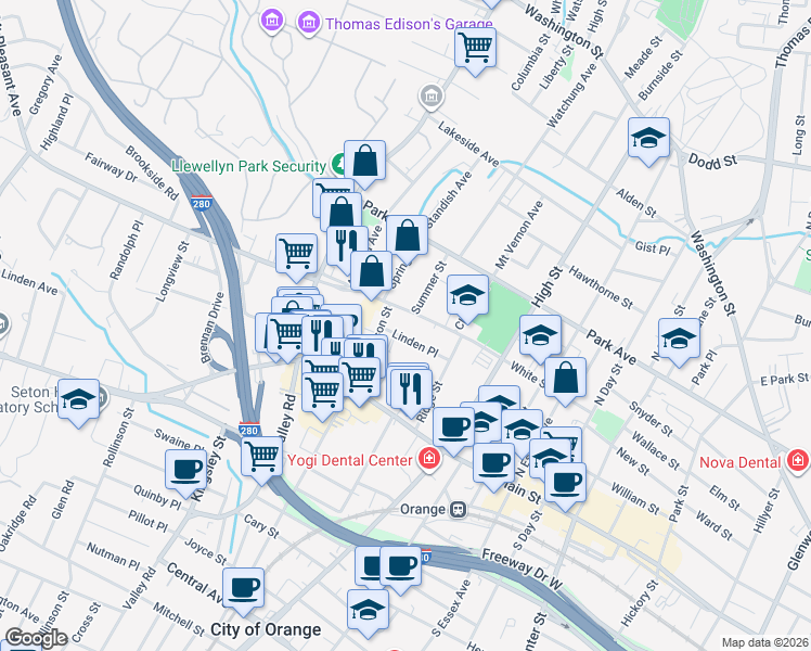 map of restaurants, bars, coffee shops, grocery stores, and more near 497 Linden Place in City of Orange