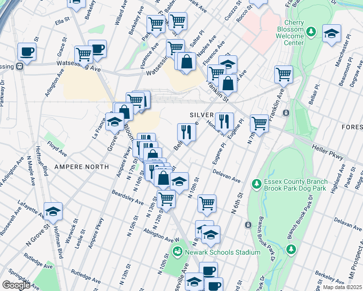 map of restaurants, bars, coffee shops, grocery stores, and more near 80 Belmont Avenue in Belleville