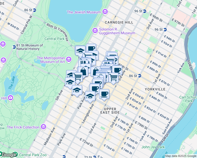 map of restaurants, bars, coffee shops, grocery stores, and more near 107 East 82nd Street in New York