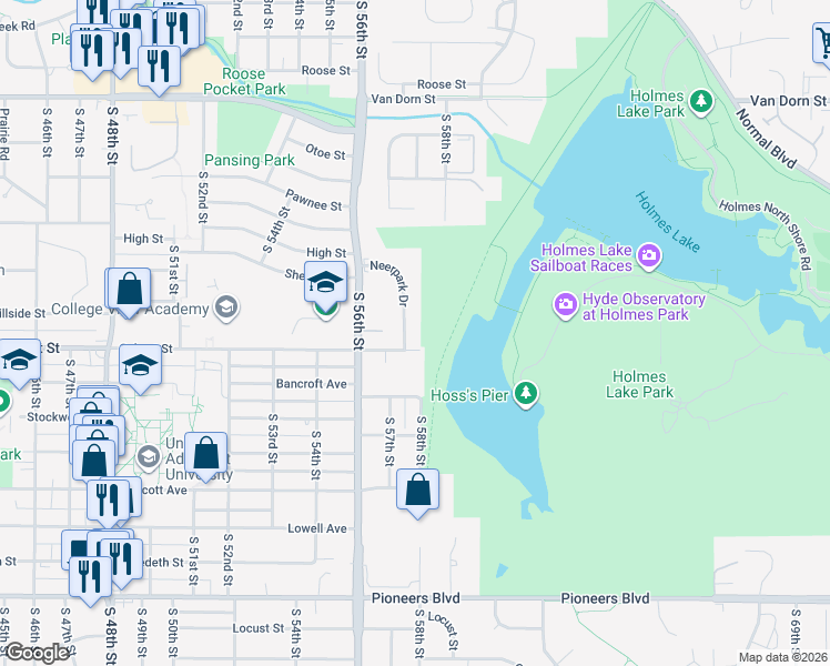 map of restaurants, bars, coffee shops, grocery stores, and more near 3576 Neerpark Drive in Lincoln