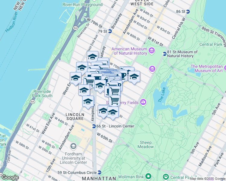 map of restaurants, bars, coffee shops, grocery stores, and more near 116 West 72nd Street in New York