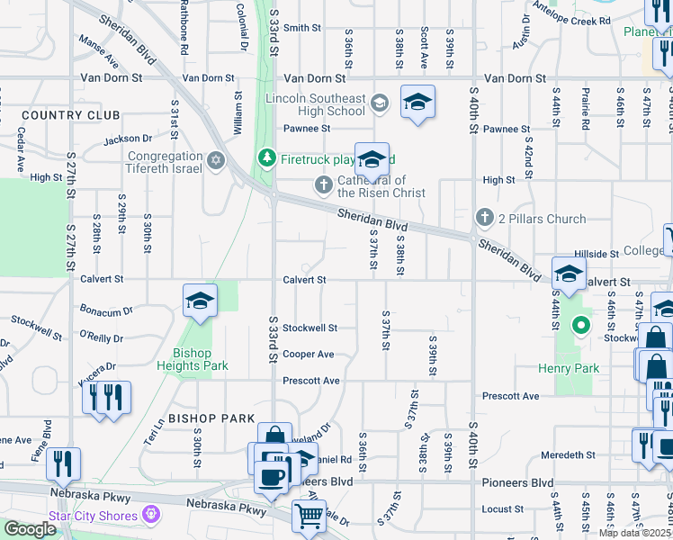 map of restaurants, bars, coffee shops, grocery stores, and more near 3520 South 35th Street in Lincoln