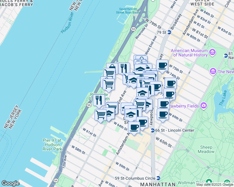map of restaurants, bars, coffee shops, grocery stores, and more near 175 West End Avenue in New York