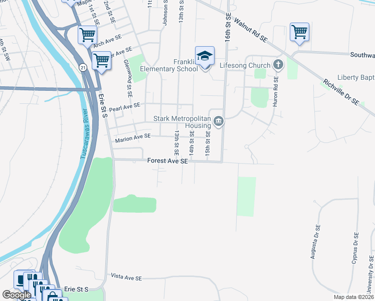 map of restaurants, bars, coffee shops, grocery stores, and more near 1731 14th St SE in Massillon