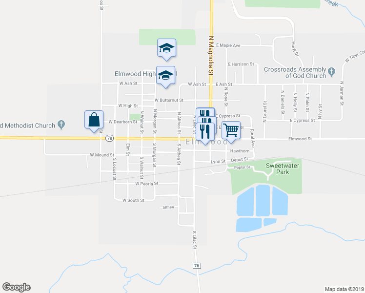 map of restaurants, bars, coffee shops, grocery stores, and more near 207 West Hawthorne Street in Elmwood