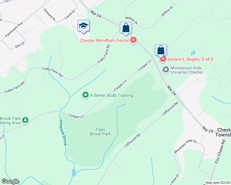 map of restaurants, bars, coffee shops, grocery stores, and more near 23 Cooper Lane in Chester