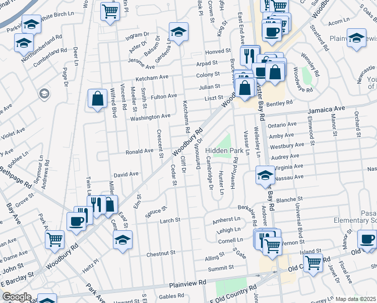 map of restaurants, bars, coffee shops, grocery stores, and more near 5 Allen Street in Hicksville