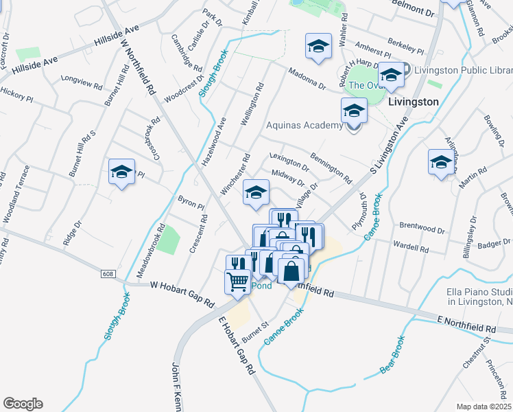 map of restaurants, bars, coffee shops, grocery stores, and more near 19 Monmouth Court in Livingston