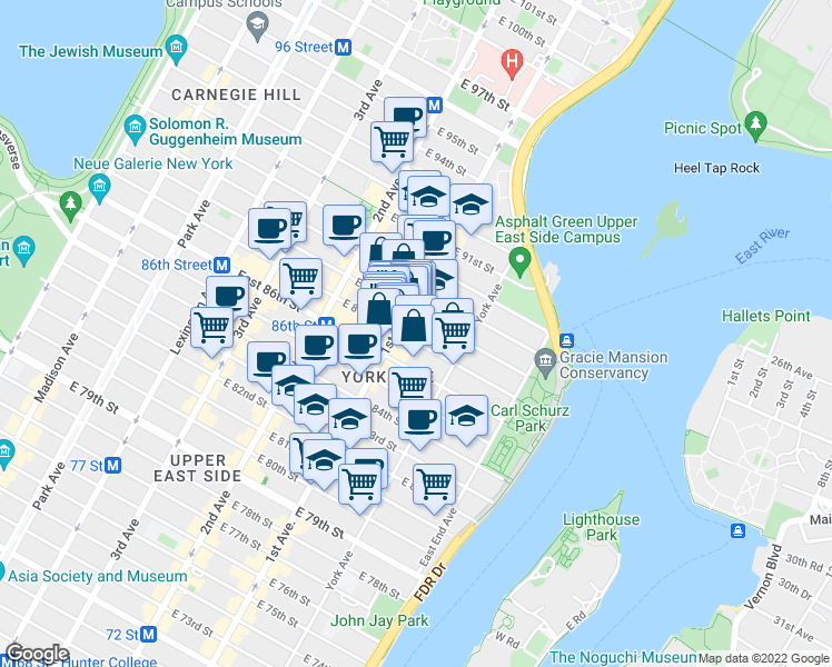 map of restaurants, bars, coffee shops, grocery stores, and more near 1689 1st Avenue in New York