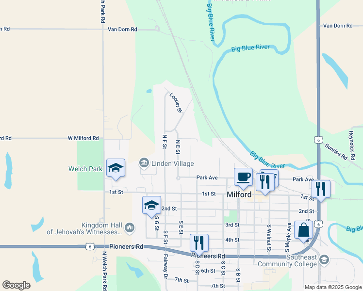 map of restaurants, bars, coffee shops, grocery stores, and more near 317 North E Street in Milford