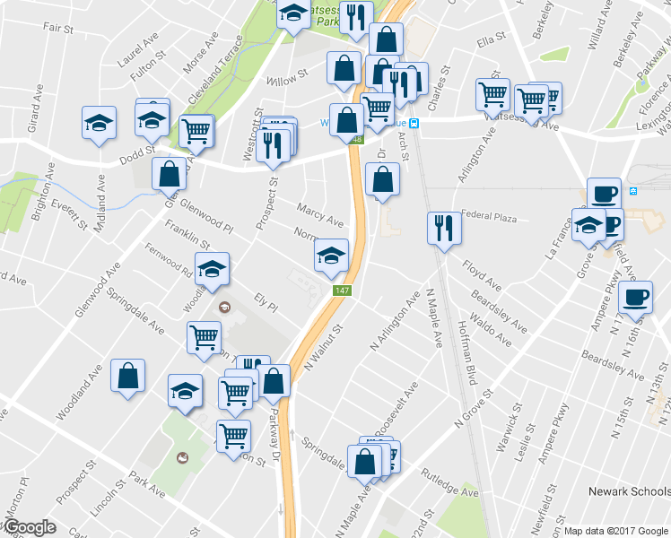 map of restaurants, bars, coffee shops, grocery stores, and more near 481 North Clinton Street in East Orange