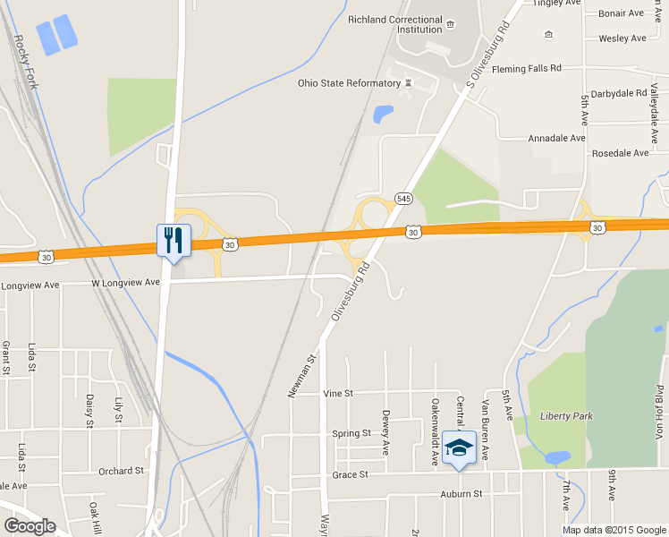 map of restaurants, bars, coffee shops, grocery stores, and more near 227 East Longview Avenue in Mansfield