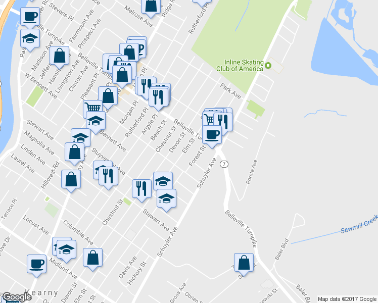 map of restaurants, bars, coffee shops, grocery stores, and more near 742 Elm Street in Kearny