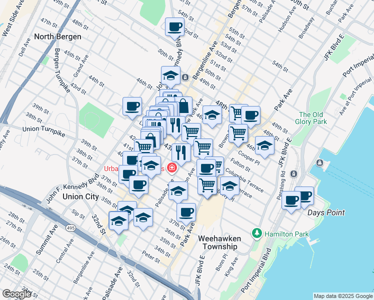 map of restaurants, bars, coffee shops, grocery stores, and more near 4311 Palisade Avenue in Union City