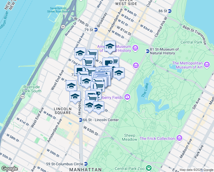 map of restaurants, bars, coffee shops, grocery stores, and more near 53 West 72nd Street in New York