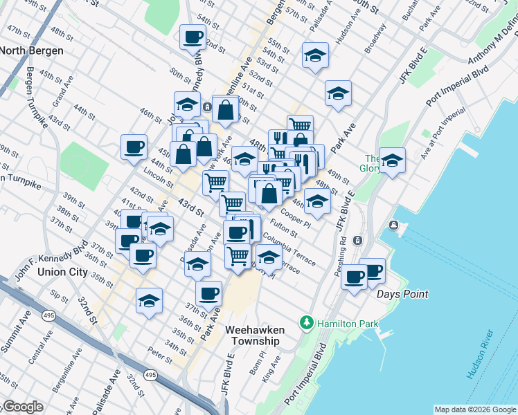 map of restaurants, bars, coffee shops, grocery stores, and more near 4504 Brown Street in Union City