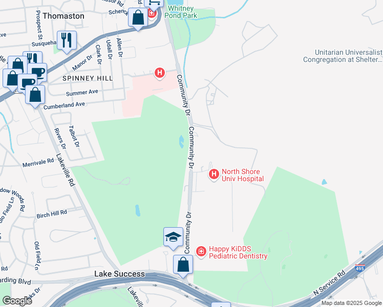 map of restaurants, bars, coffee shops, grocery stores, and more near 350 Community Drive in Manhasset
