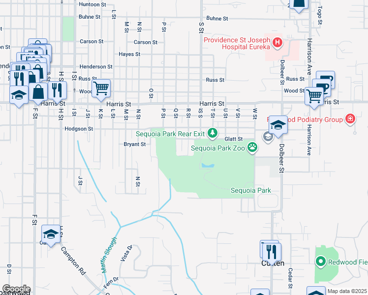 map of restaurants, bars, coffee shops, grocery stores, and more near 3416 R Street in Eureka