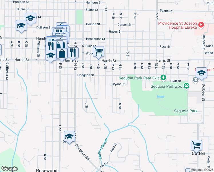 map of restaurants, bars, coffee shops, grocery stores, and more near 3363 L Street in Eureka