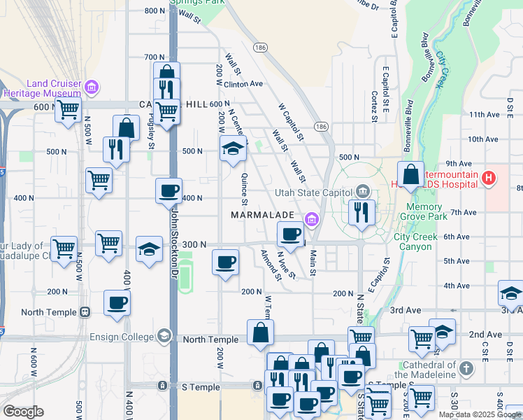 map of restaurants, bars, coffee shops, grocery stores, and more near in Salt Lake City