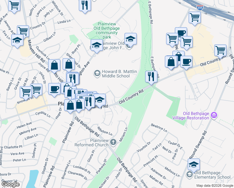 map of restaurants, bars, coffee shops, grocery stores, and more near 65 Roundtree Drive in Plainview
