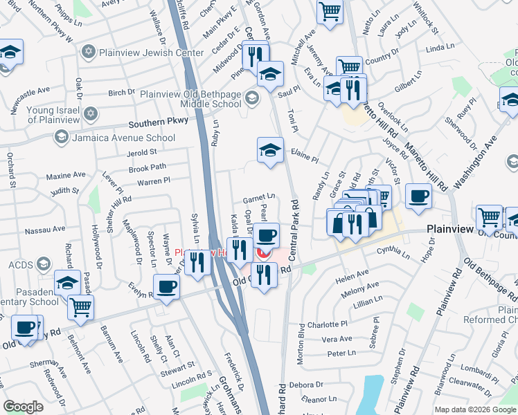 map of restaurants, bars, coffee shops, grocery stores, and more near 17 Pearl Drive in Plainview