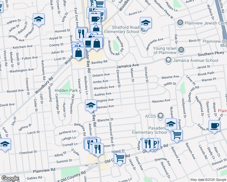 map of restaurants, bars, coffee shops, grocery stores, and more near 38 Audrey Avenue in Plainview
