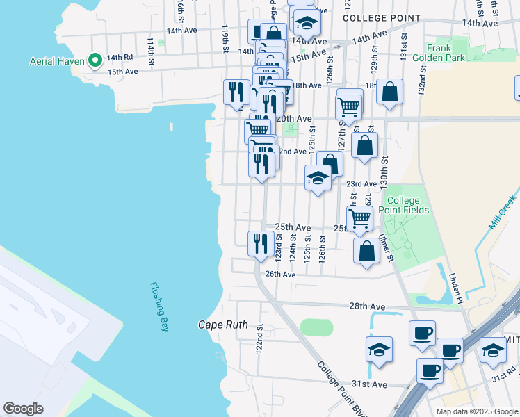 map of restaurants, bars, coffee shops, grocery stores, and more near 23-38 College Point Boulevard in Queens