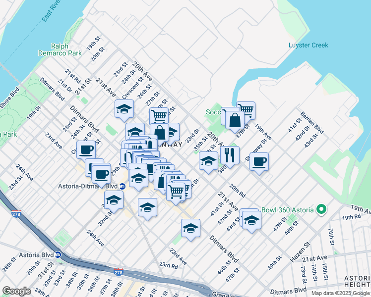 map of restaurants, bars, coffee shops, grocery stores, and more near 2063 33rd Street in Queens