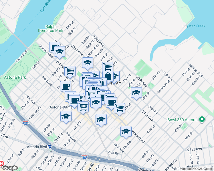 map of restaurants, bars, coffee shops, grocery stores, and more near 21-38 31st Street in Queens