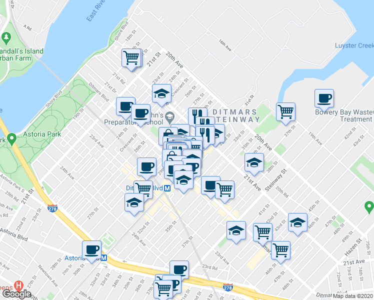 map of restaurants, bars, coffee shops, grocery stores, and more near in Queens