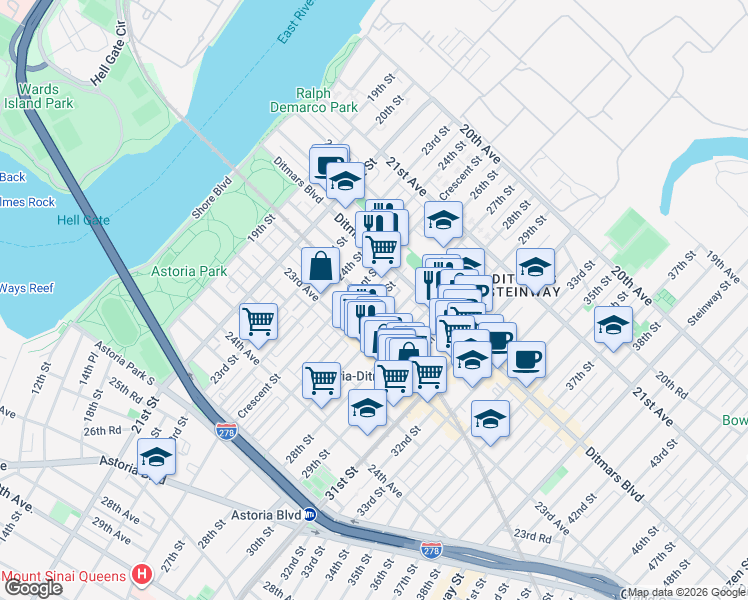 map of restaurants, bars, coffee shops, grocery stores, and more near 22-53 Crescent Street in Queens