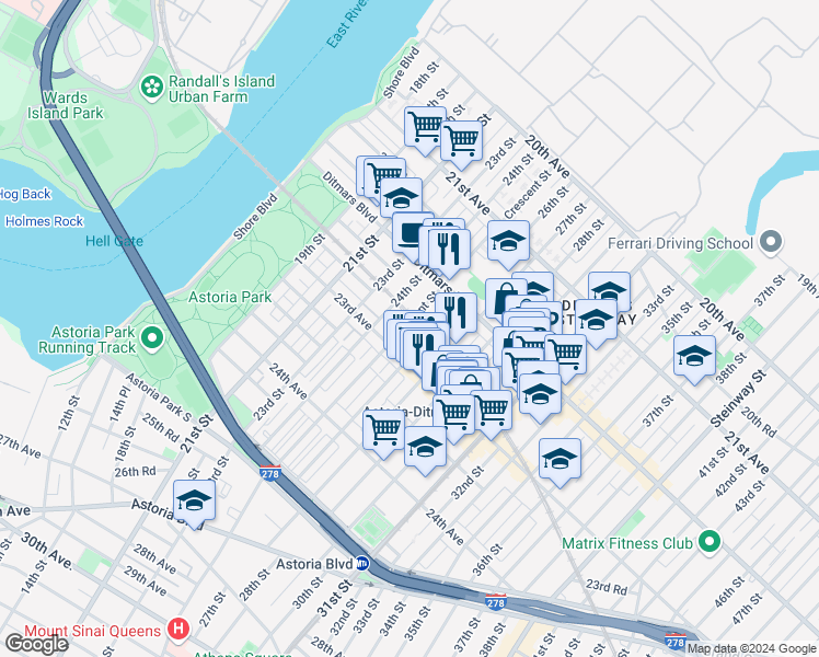 map of restaurants, bars, coffee shops, grocery stores, and more near 22-53 Crescent Street in Queens