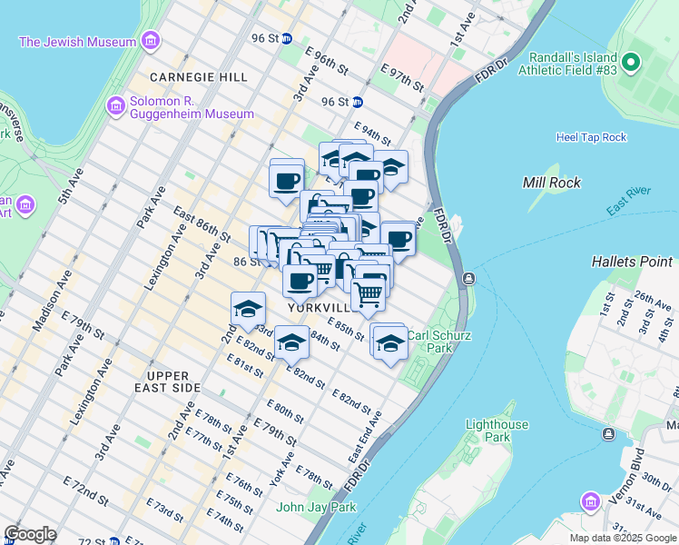 map of restaurants, bars, coffee shops, grocery stores, and more near 1689 1st Avenue in New York