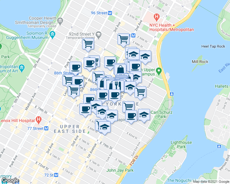 map of restaurants, bars, coffee shops, grocery stores, and more near 1661 1st Avenue in New York
