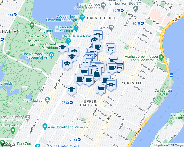 map of restaurants, bars, coffee shops, grocery stores, and more near 1470 3rd Avenue in New York